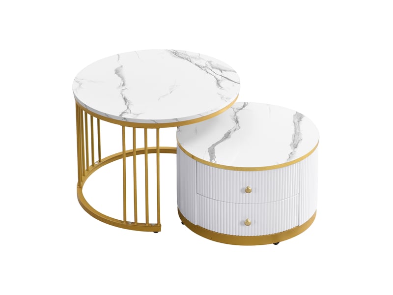  Lot de 2 tables basses gigognes rondes 60 et 50 cm, 2 tiroirs, effet marbre brillant, salon, blanc  - Conforama A
