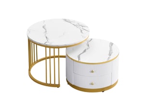 Lot de 2 tables basses gigognes rondes 60 et 50 cm, 2 tiroirs, effet marbre brillant, salon, blanc