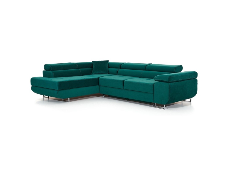  Canapé d'angle convertible menton vert canard velours – angle gauche avec coffre  - Conforama A