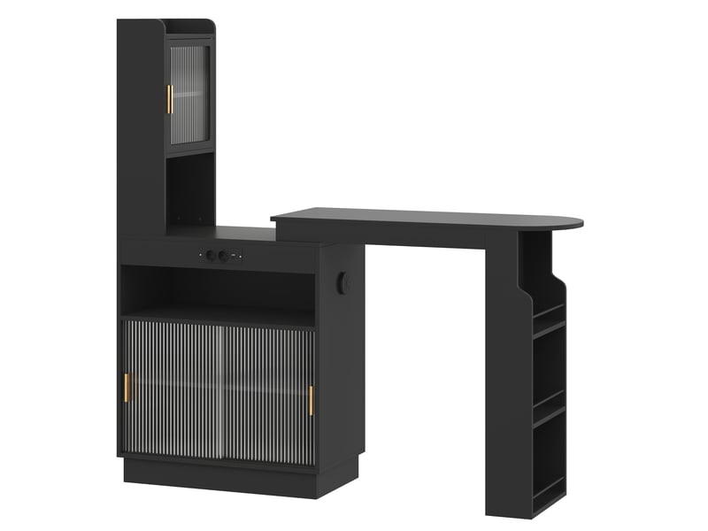 Table bar extensible 131–170 x 40 x 170 cm avec rangement, vitrine à portes en verre, led contrôlée par application, prise, usb et usb-c, meuble bar multifonction, noir OPULERANE TRADING LTD - Conforama A