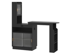Table bar extensible 131–170 x 40 x 170 cm avec rangement, vitrine à portes en verre, led contrôlée par application, prise, usb et usb-c, meuble bar multifonction, noir