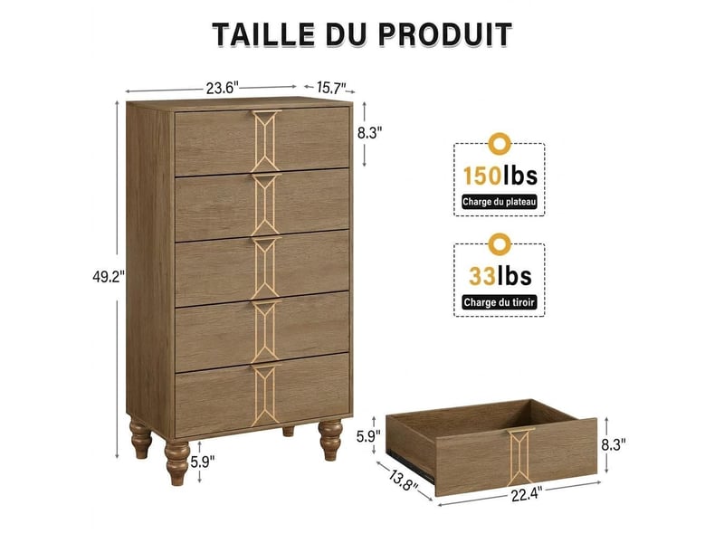– commode haute 5 tiroirs en bois – grand capacité de rangement – design vintage moderne – parfaite pour chambre, salon, entrée PHO_107N6B56 - Conforama E