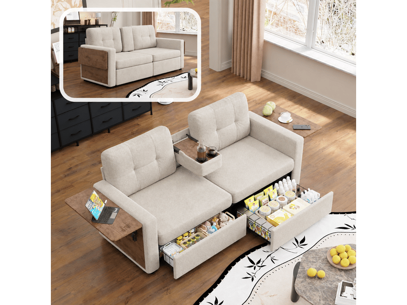  Canapé droit 2 places en chenille avec 2 tiroirs de rangement, tablettes latérales et porte-gobelets, beige, 178 cm Fay Lum - Conforama D