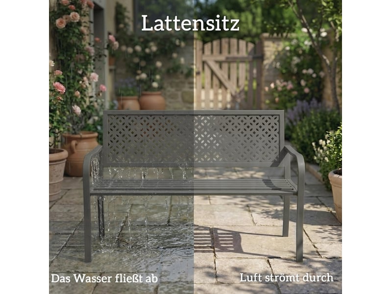  Banc de jardin 2 places en acier gris foncé, dossier géométrique anti-rouille, résistant aux intempéries  - Conforama E