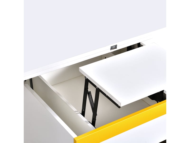  Table basse relevable et pliable avec rangement et 4 tabourets pour salon en mdf 100×50×43 cm blanc et jaune  - Conforama D