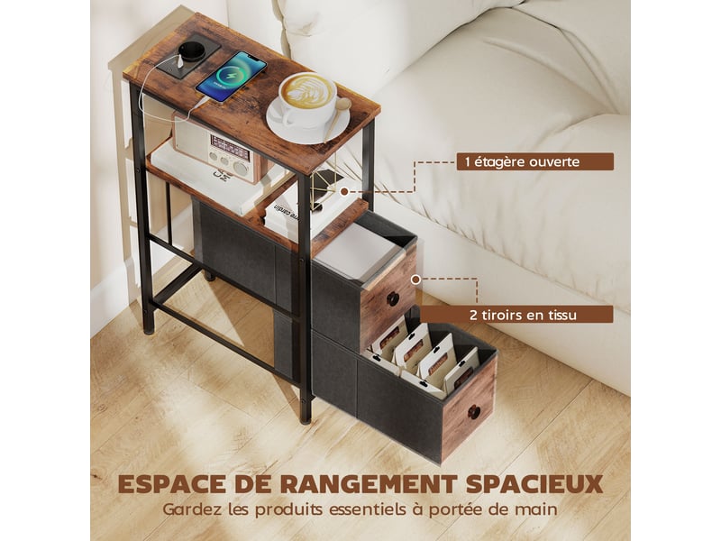  Table d'appoint avec station de charge, table de salon étroite avec 2 tiroirs en tissu, brun rustique, étagère ouverte  - Conforama E