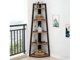 Bibliothèque d'angle avec 5 étagères, structure en métal et bois, pour salon, chambre ou cuisine, noir et marron rustique
