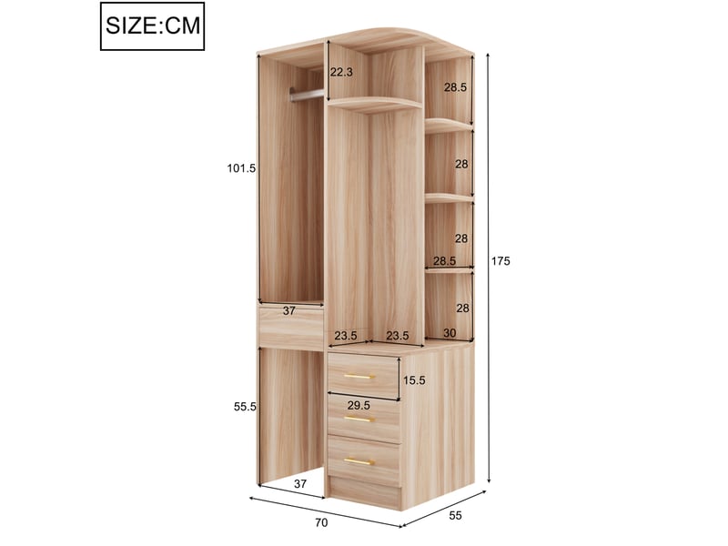  Armoire modenvie de rangement 70 x 55 x 175 cm avec penderie ouverte, étagères et 3 tiroirs, bois clair  - Conforama C
