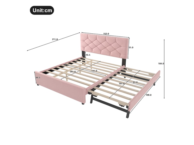  Lit gigogne 140x200 cm, lit enfant, design boutonné romantique, sommier, velours et mdf, rose, sans matelas  - Conforama C