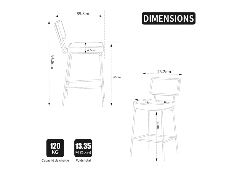  Tabouret de bar marron lot de 2 chaises de bar cuir pu vintage dossier aspect rotin pieds métal 96.5cm  - Conforama C