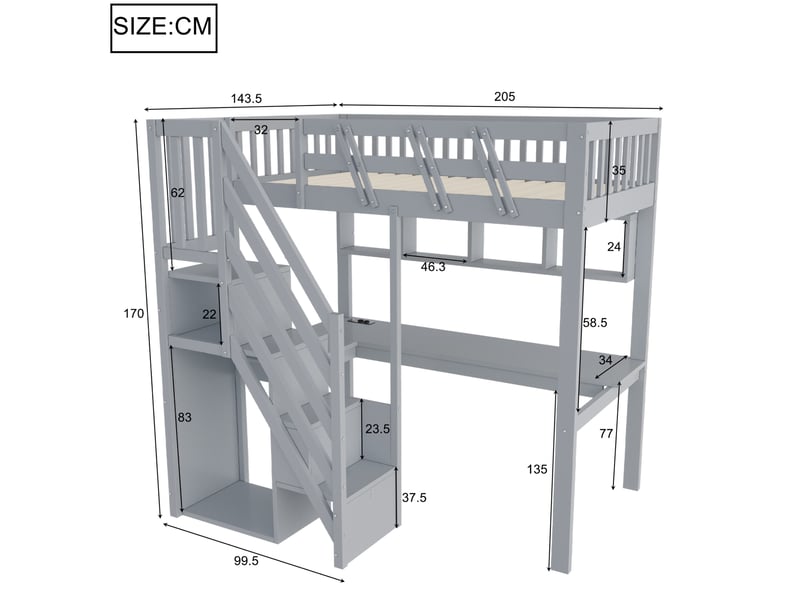 Lit mezzanine 90 × 200 cm avec bureau, escalier avec rangements, led et prise usb pour chambre d’enfant gris - Conforama C
