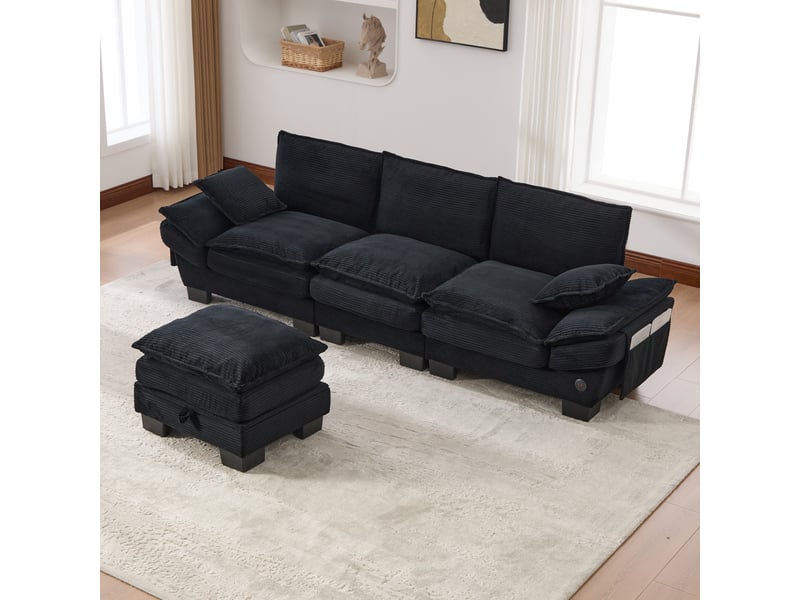 Canapé droit 3pl 260x132x84 cm, pouf avec rangement, assise généreuse, port de charge, poches latérales, velours côtelé noir, pour le salon - Conforama D