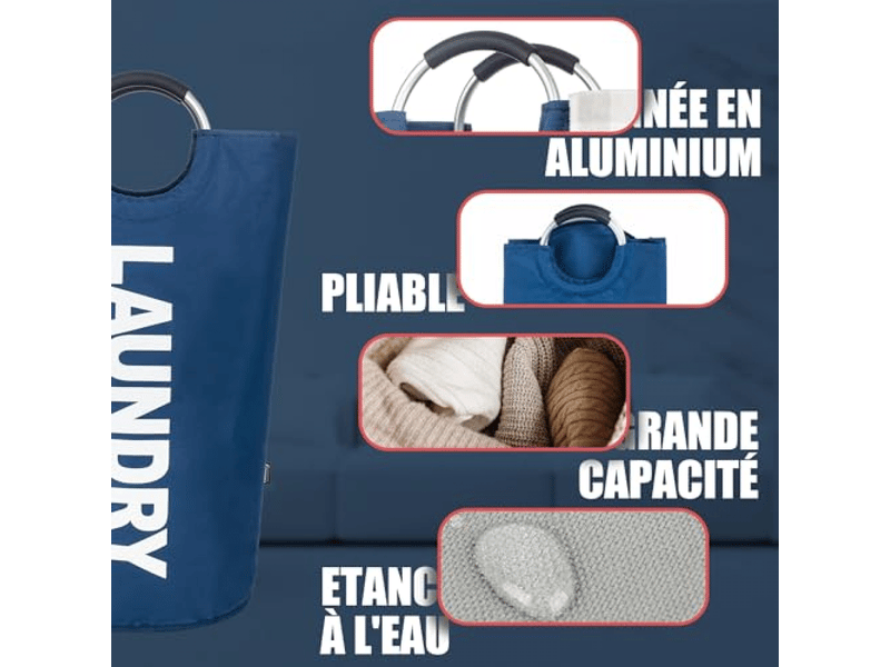 Panier à linge sale pliable avec poignée rembourrée, 90 litres, bleu marine, 38 x 79 cm - Conforama E