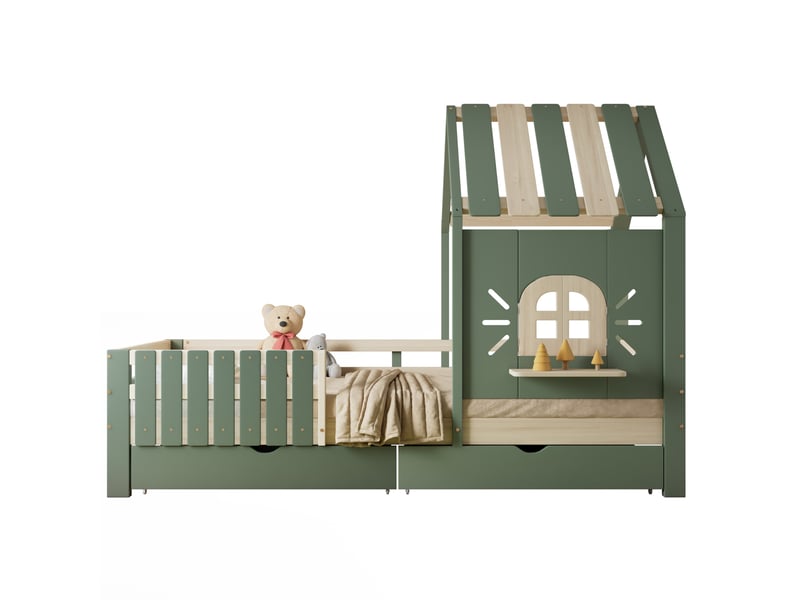  Lit enfant cabane vert et naturel avec toit, fenêtre, barrières et 2 tiroirs - 90 x 200 cm  - Conforama A