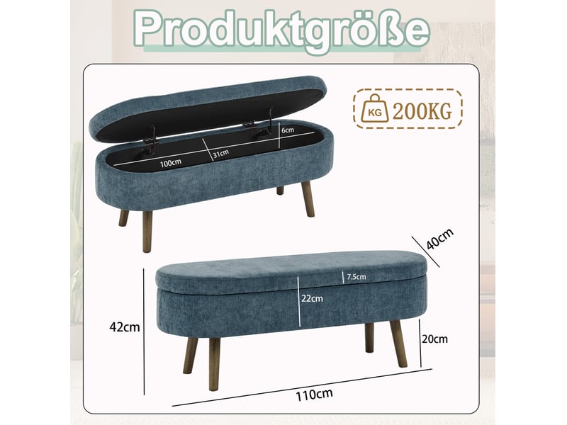  Banc de rangement 110x40x42 cm en chenille bleu avec coffre 20 l  - Conforama C