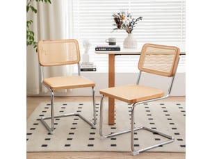 Lot de 2 chaises de salle à manger mid-century, velours et rotin, pieds chromés, rembourrées