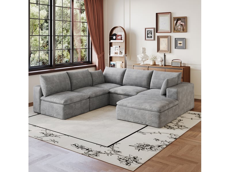 Canapé modulable modenvie 6 places en velours côtelé gris 260 x 250 x 60 cm avec coussins amovibles  - Conforama D
