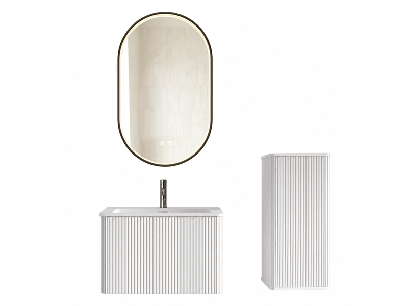 Meuble de salle de bains suspendu blanc 61 cm avec vasque, colonne et miroir led réglable anti-buée design - Conforama A