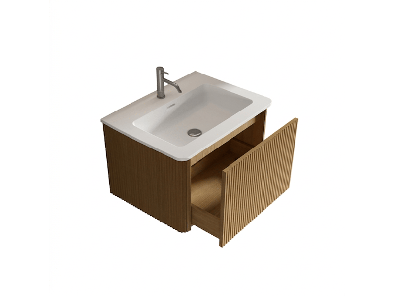  Meuble sous vasque 60 cm suspendu avec lavabo en résine minérale, couleur chêne naturel  - Conforama A