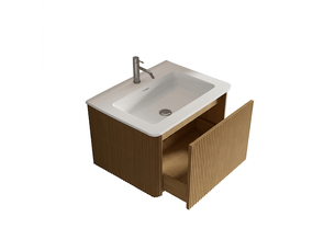 Meuble sous vasque 60 cm suspendu avec lavabo en résine minérale, couleur chêne naturel
