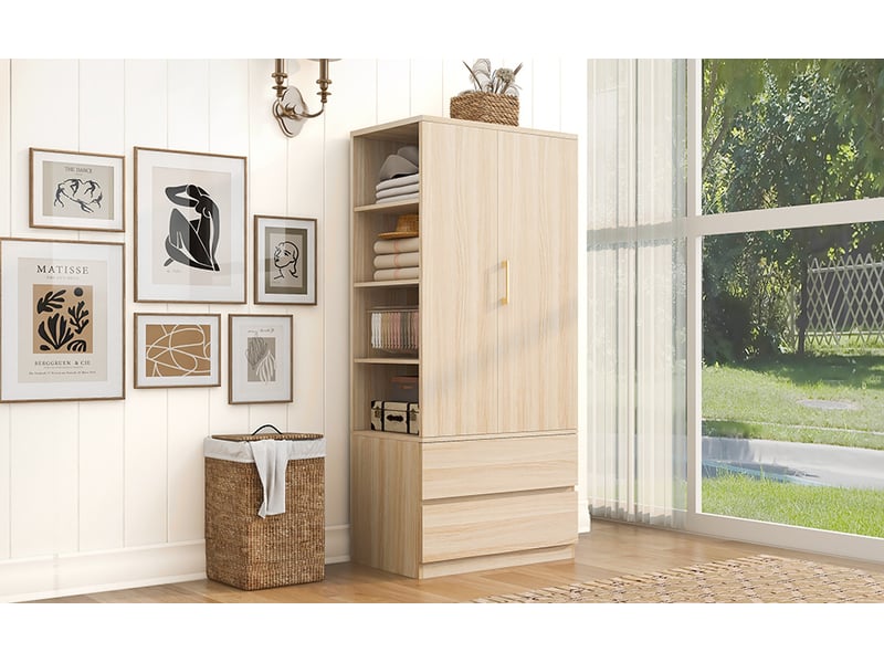  Armoire avec penderie, étagères ouvertes et 2 tiroirs, 70x50x175 cm  - Conforama D