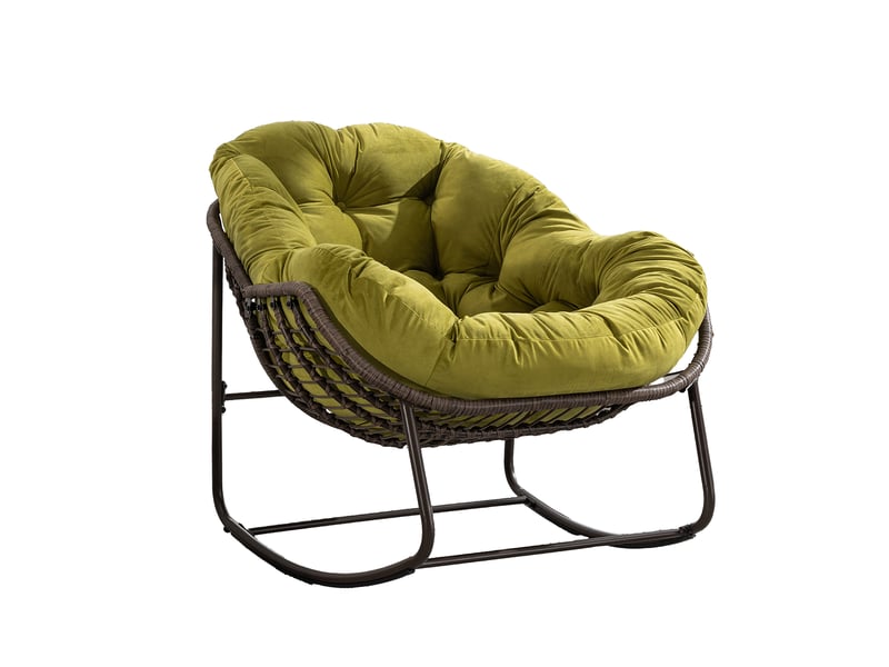  Cocon - fauteuil à bascule en rotin naturel - forme œuf et coussin vert olive - confortable pour salon, véranda ou chambre  - Conforama A