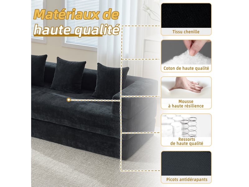 Canapé droit modulable 2 places en tissu noir avec poches latérales et base antidérapante pour le salon - Conforama D