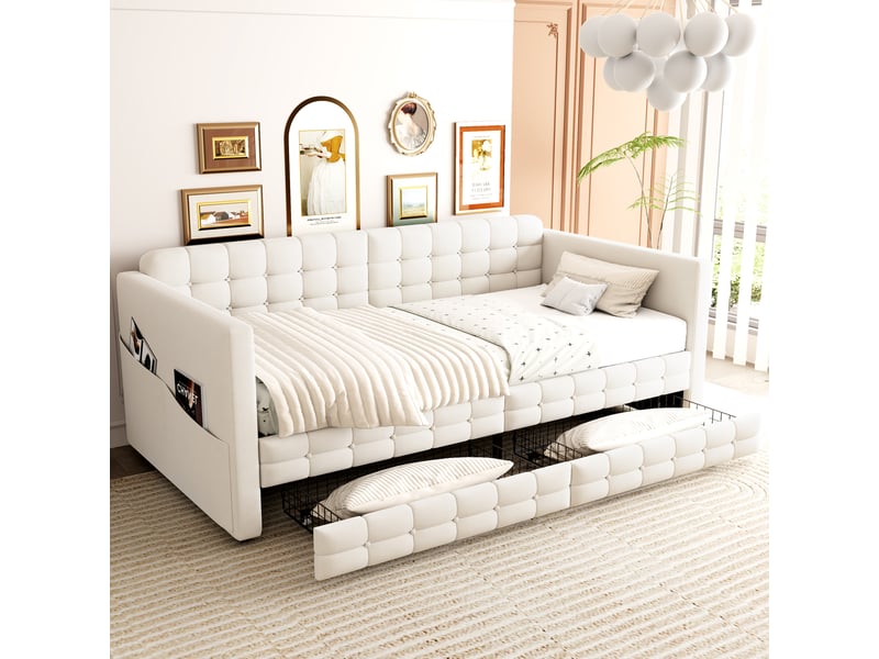  Canapé-lit 90x190 cm, lit enfant, couchage d'appoint, 2 tiroirs, velours beige  - Conforama A