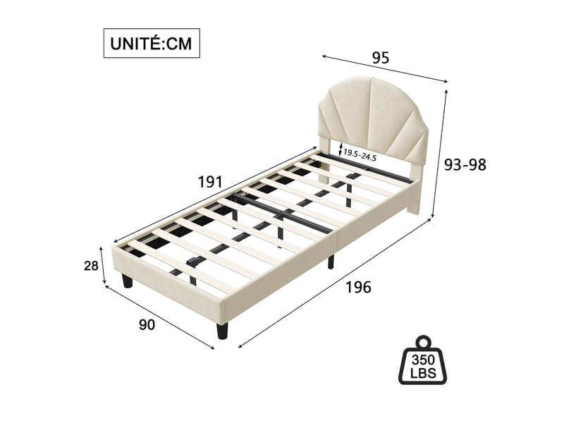 Lit rembourré 90x190 cm avec sommier à lattes, lit simple enfant 90x190 cm - tête de lit réglable en hauteur - 1 personne - lit fille 90x190 - lit rembourre avec sommier à lattes en bois - tête de lit réglable en hauteur - cadre… - Conforama R