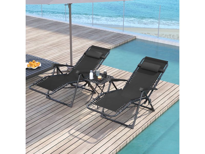  Lot de 2 chaise longue pliable et inclinable avec table d'appoint, porte-gobelets et appuie-têtes, charge 120 kg, noir  - Conforama B