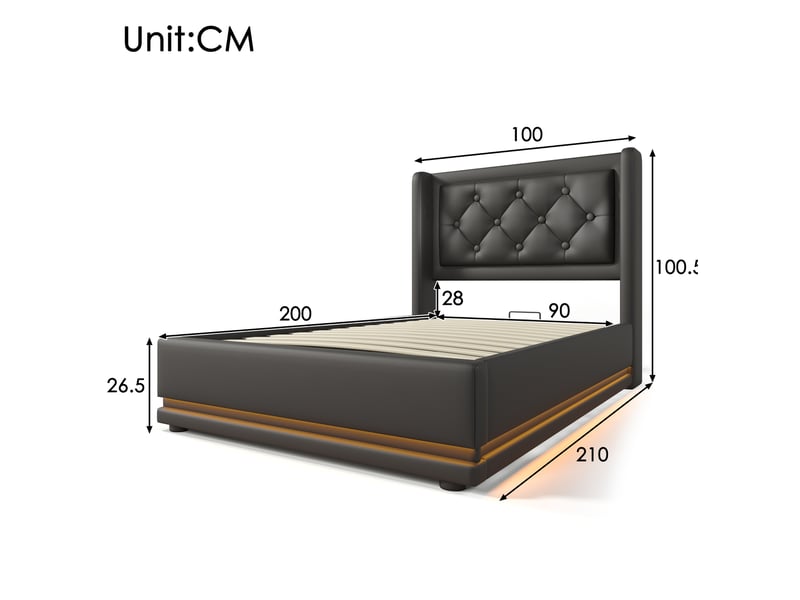  Lit coffre 90x200 cm avec usb type-c et led 3 côtés polyuréthane (pu) noir sans matelas  - Conforama C