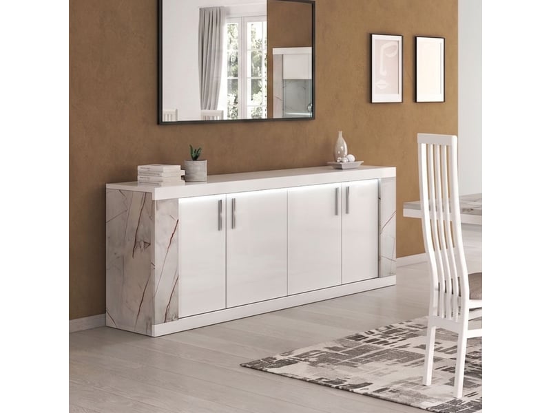 Buffet 4 portes + led blanc et aspect marbre gris-brun - nervy NERVY - Conforama B
