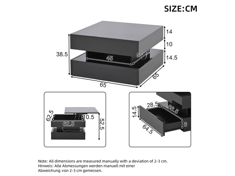  Table basse 65 x 65 x 38,5 cm en panneau de particules avec plateau relevable, 2 tiroirs et led noir chicfurn  - Conforama D