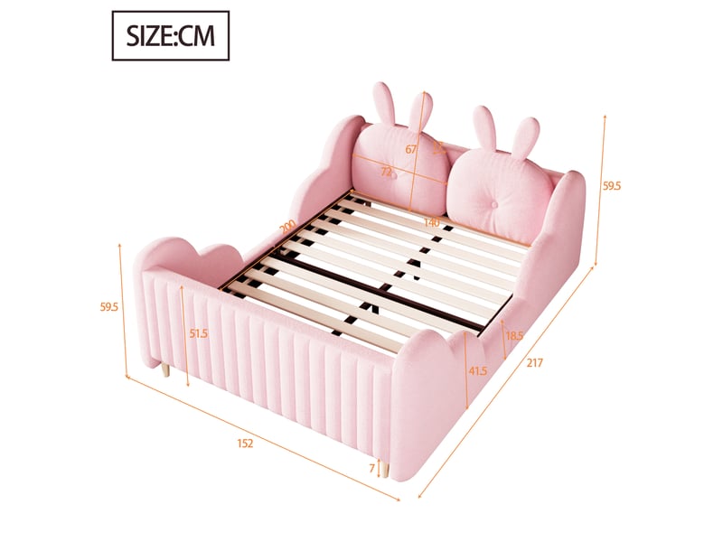  Lit double enfant 140x200 cm avec coussins lapin, barrières nuage, plateforme, sans matelas, tissu teddy, rose BUYDEEMEUS - Conforama C