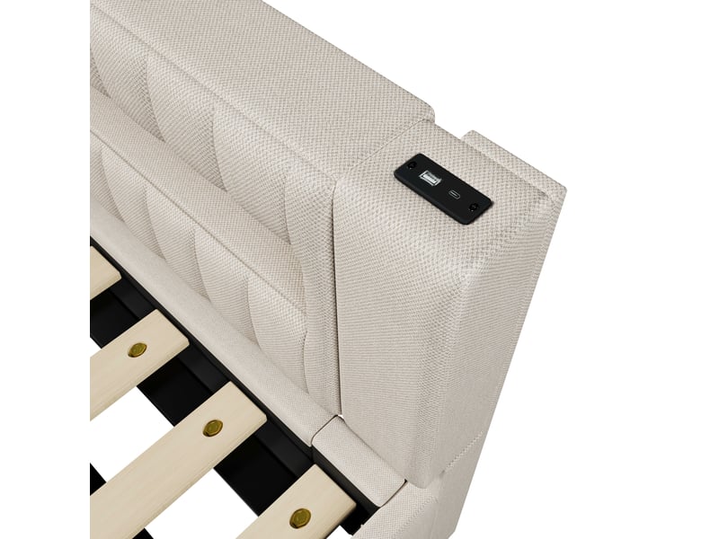  Lit coffre banquette 90 x 200 cm avec sommier relevable, rangement, led multicolore, usb et usb-c, lin, beige Fay Lum - Conforama D