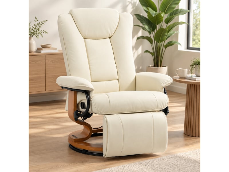  Fauteuil relax manuel pivotant 360° en similicuir blanc crème avec repose-pieds  - Conforama E