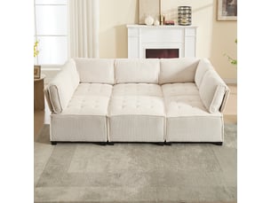 Canapé d’angle modulable 6 places 308x154x81,99 cm, forme u-l et fonction couchage, poches de rangement, structure bois-métal, velours côtelé beige