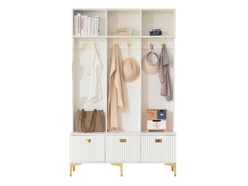 Meubles d'entrée avec banc coffre, rangements ouverts et 6 crochets dorés, pour couloir, blanc, 120 × 40 × 191 cm - Conforama A