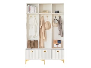 Meubles d'entrée avec banc coffre, rangements ouverts et 6 crochets dorés, pour couloir, blanc, 120 × 40 × 191 cm
