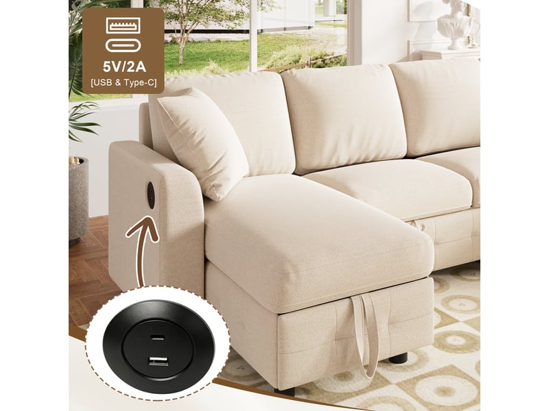 Canapé panoramique beige en chenille, 260 × 128 × 82 cm, avec couchage, pour salon et charge max. 150 kg  - Conforama C