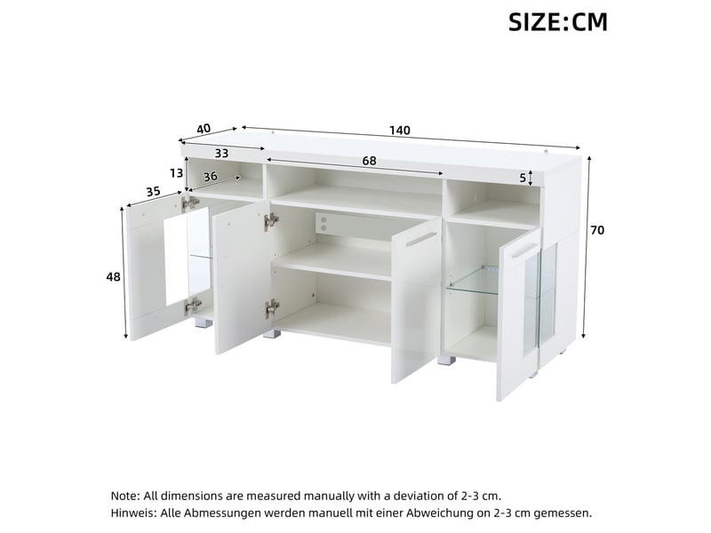  Buffet bas blanc 140 x 40 x 70 cm avec éclairage led et portes en verre trempé  - Conforama E