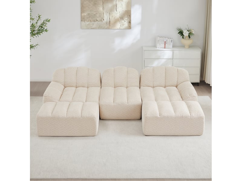  Canapé modulable 3 places en u avec 2 ottomans en tissu bouclette granuleux beige blanc  - Conforama C