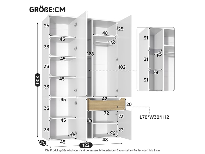  Armoire penderie 122 x 50 x 200 cm - 1 barre de penderie - 1 tiroir - éclairage led - vitrine en verre - rangements ouverts - blanc  - Conforama D