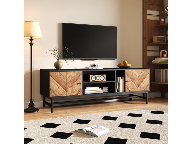  [déstockage] meuble tv 150 cm noir bois grand espace rangement style moderne minimaliste  - Conforama B
