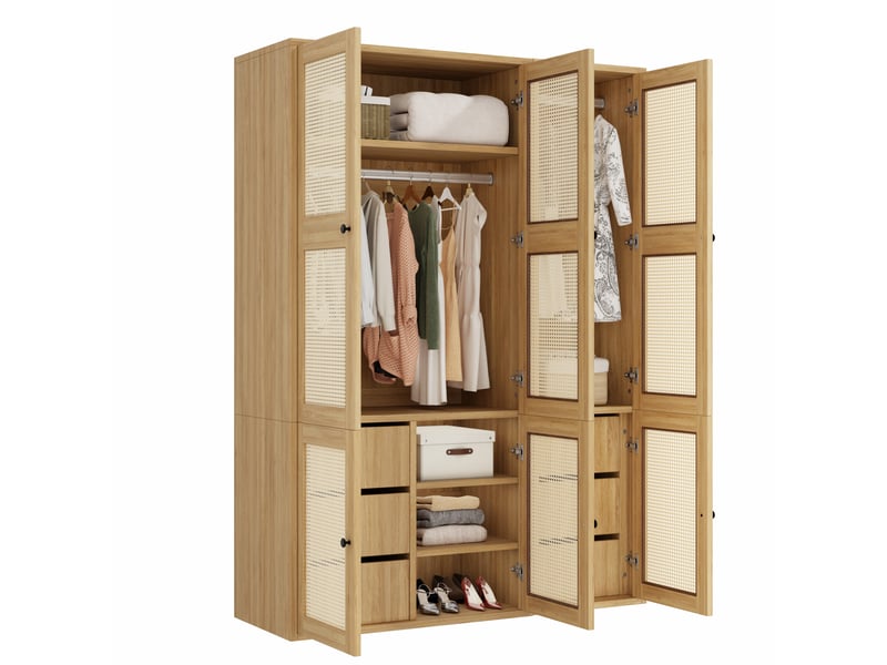  Armoire de chambre en rotin 135x200 cm avec 6 tiroirs et 2 penderies mdf chêne  - Conforama A