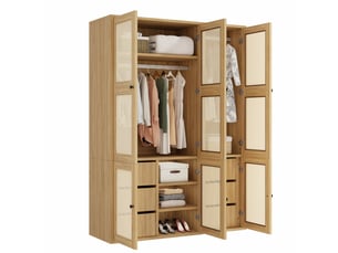 Armoire de chambre en rotin 135x200 cm avec 6 tiroirs et 2 penderies mdf chêne