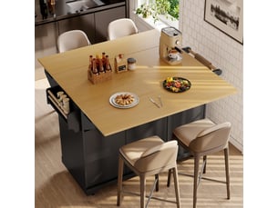 Îlot de cuisine noir avec plateau extensible, desserte à roulettes 120x40x95 cm, 3 tiroirs et 2 portes, mdf et métal