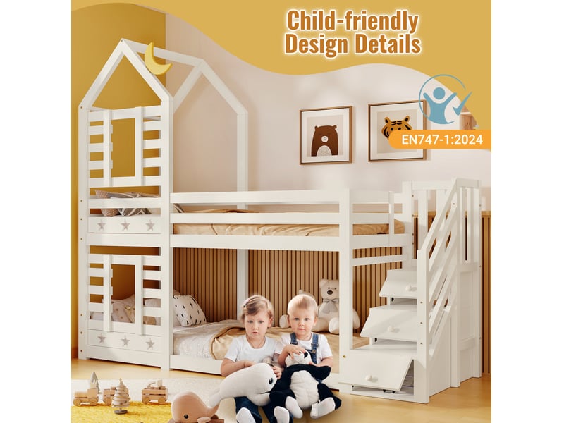  Lit superposé enfant 90x200 cm – blanc – cabane avec escalier de rangement et 2 tiroirs, sans matelas  - Conforama E