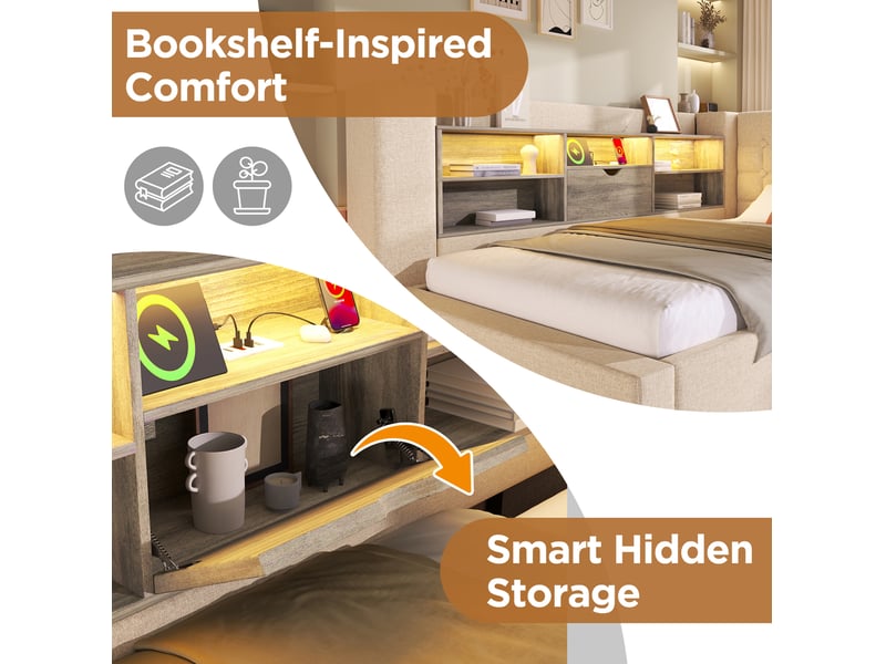  Lit coffre 90x190 cm, rangement hydraulique, led intégrée, prises usb, tête en l, lin, bois, métal, beige, sans matelas  - Conforama D
