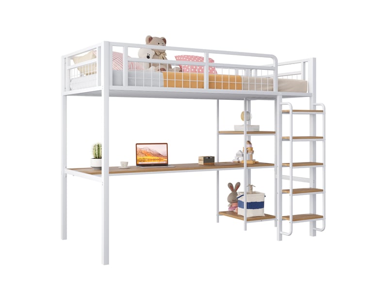  Lit mezzanine enfant 90x200 cm blanc avec bureau, étagères et échelle sécurisée  - Conforama A